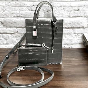 Marc Jacobs Micro Grind Croco Embossed Leather Tote+Cardholder in Black NWT